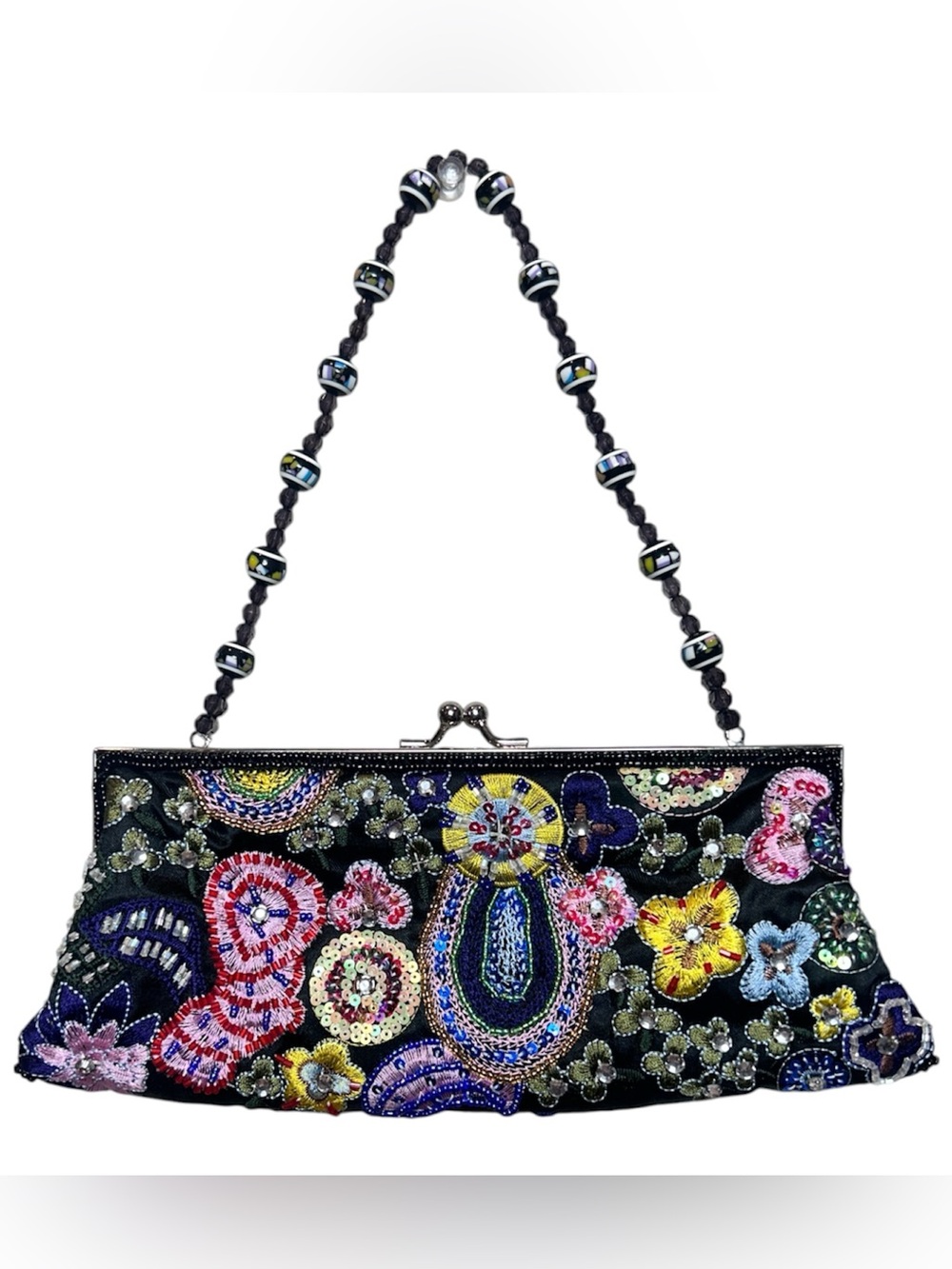 La Regale Black Beaded Floral Embroidery Evening Clutch
